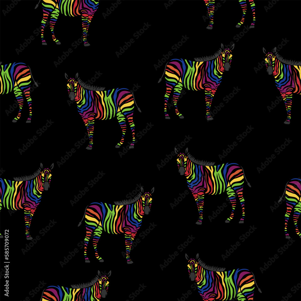 Fototapeta premium Zebra rainbow vector seamless texture. Bright zebras on a black background
