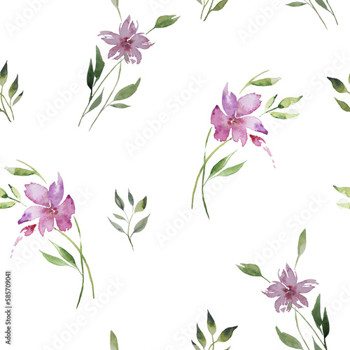 Watercolor floral seamless pattern in vintage rustic style  colored garden illustration on ivory background  hand painting print with abstract flowers  leaves and plants  design texture.