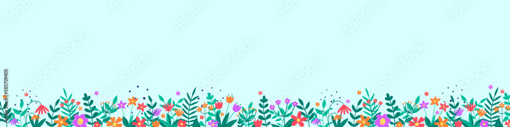 Floral decoration. Spring banner with colourful blooming flower and leaves. Panoramic header. Vector illustration Floral decoration. Spring banner with colourful blooming flower and leaves. Panoramic header. Vector illustration