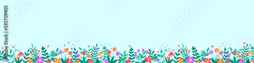 Floral decoration. Spring banner with colourful blooming flower and leaves. Panoramic header. Vector illustration