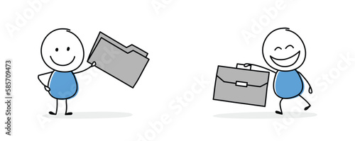 Collection of a funny stickman holding folder and briefcase sign. Hand drawn icons for a business presentation. Vector illustration