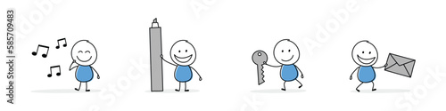 Collection of a funny stickman holding music notes, pen, key, envelope sign. Hand drawn icons for a business presentation. Vector illustration