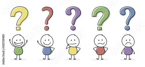 Collection of funny stickman with question mark symbol. Icon set. Vector