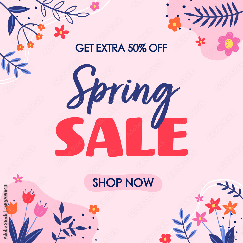 Spring Sale. Spring background. Floral card with hand drawn blooming flower and leaves. Vector illustration Spring Sale. Spring background. Floral card with hand drawn blooming flower and leaves. Vector illustration