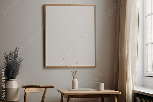 Vertical wooden frame mockup for neutral to showcase artwork, beautiful background, photo, print, empty frame, warm, cozy, generative AI.