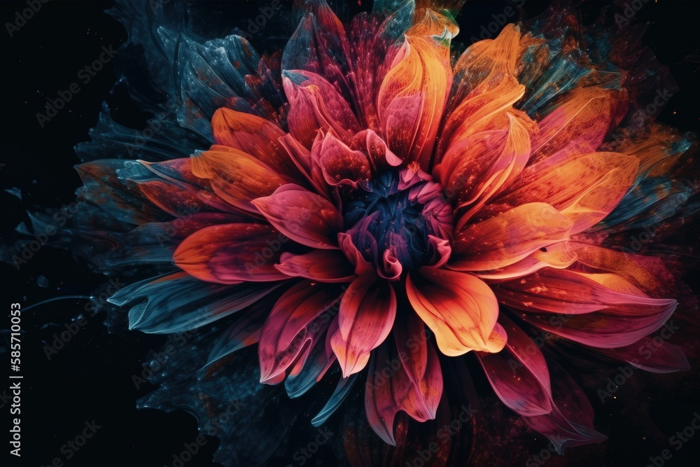 vibrant flower against a dark black background. Generative AI