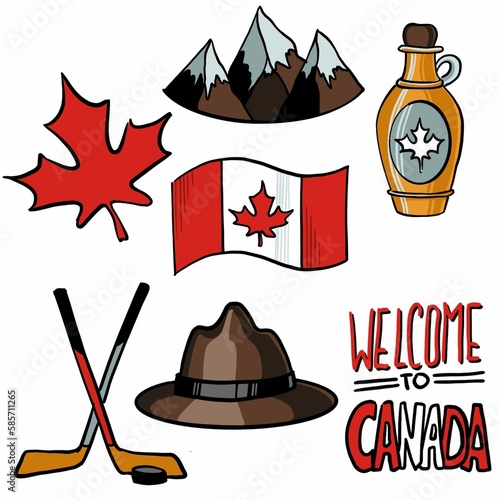 sef of stickers about Canada. collection of canadian traditional items and symbols photo