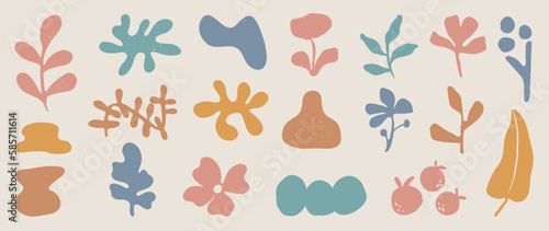 Set of abstract organic shapes inspired by matisse. Plants, leaf, algae, vase, coral in paper cut collage style. Contemporary aesthetic vector element for logo, decoration, print, cover, wallpaper.
