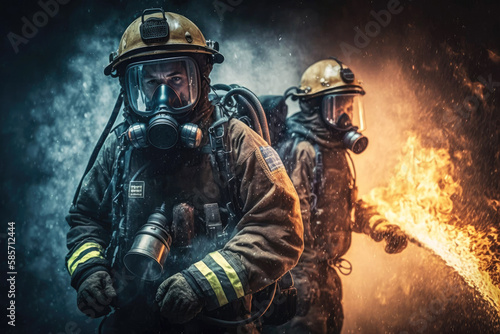 Fire fighters in action, extinguishing a bursting hot fire, flames fuming in the background. Generative AI © VisualProduction