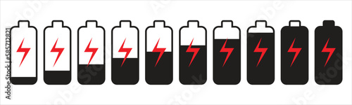 Set battery with different level of charge. Car battery indicator, battery charge signs. Wireless charging energy sign. Vector graphic design.