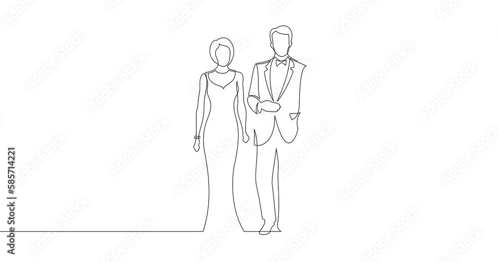 Animation of an image drawn with a continuous line. A woman in an evening dress walks next to a man in a tuxedo. Animation of an image drawn with a continuous line. A woman in an evening dress walks next to a man in a tuxedo.