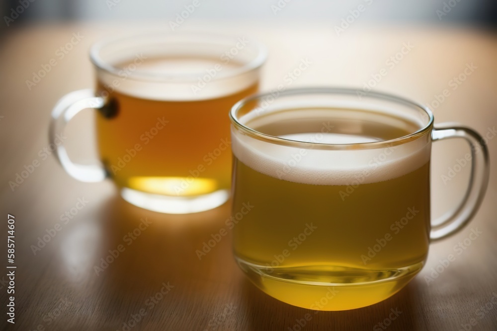 A cup of hot glass tea on a wooden table, cozy environment, Generative AI. A cup of hot glass tea on a wooden table, cozy environment, Generative AI.