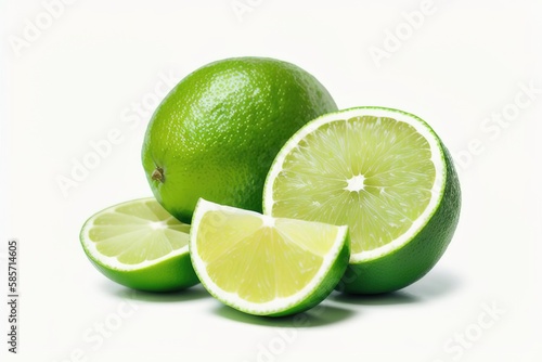 Green lime with cut in half and slices isolated on white background, Generative AI.