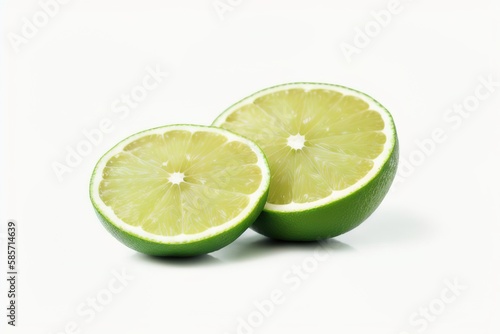 Green lime with cut in half and slices isolated on white background, Generative AI.