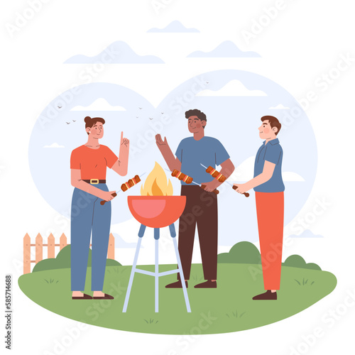BBQ party. Characters grilling meat and vegetables outside. Summer leisure