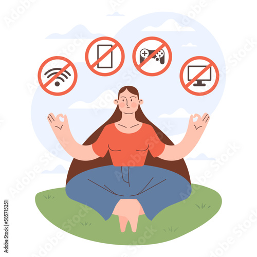 Digital detox. Female character taking a break from digital device