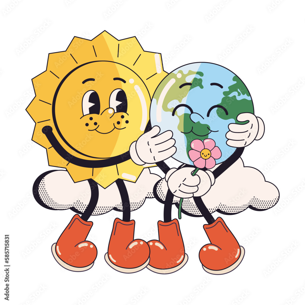 Save the planet stickers in trendy retro cartoon style. Sticker pack for Earth or World Environment Day. Funny vector illustration of planet Earth with the Sun smiley face. Eco green labels or badges. Save the planet stickers in trendy retro cartoon style. Sticker pack for Earth or World Environment Day. Funny vector illustration of planet Earth with the Sun smiley face. Eco green labels or badges.