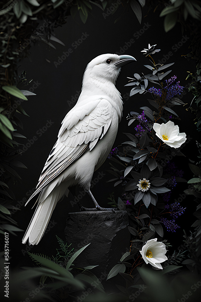 Fototapeta premium White raven with gothic floral background
