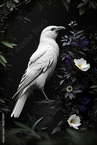White raven with gothic floral background