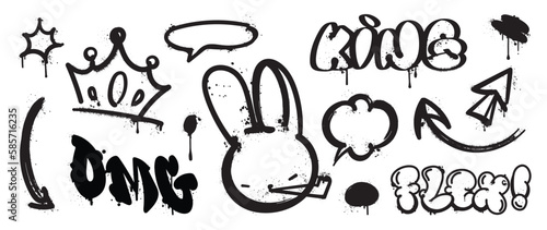 Set of graffiti spray pattern. Collection of black symbols, arrow, rabbit, text, crown and stroke with spray texture. Elements on white background for banner, decoration, street art and ads.
