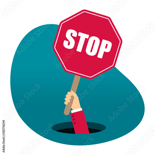 Vector hand emerging from a hole holding a STOP sign. Isolated on white background.