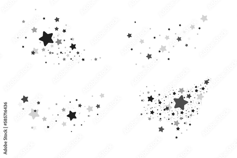 The stars are black on a white background. The black star shoots with an elegant star. Meteoroid, comet, asteroid, stars.
