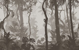 Seamless horizontal background, vector. Jungle, tropical forest with a variety of plants, trees and vines. neutral tones