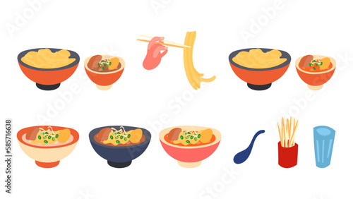 ラーメンとつけ麺のイラストセット。フラットなベクターイラスト。
Illustration set of ramen and dipping noodles. Flat designed vector illustration.