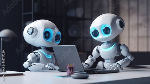Cute cartoon AI robot chatbots working. Generative AI illustration.