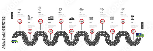 Infographic Roadmap template for business. 12 Months modern Timeline element diagram calendar, 4 quarter steps milestone EV Car vector infographic.