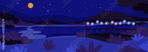 Summer night landscape with gazebo, moon light. Peaceful midnight nature background, panorama, arbor shelter pavilion, river, sky horizon with stars in darkness at nighttime. Flat vector illustration