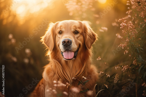 Adorable Golden Retriever in Garden, Cute Dog Illustration. Generative AI