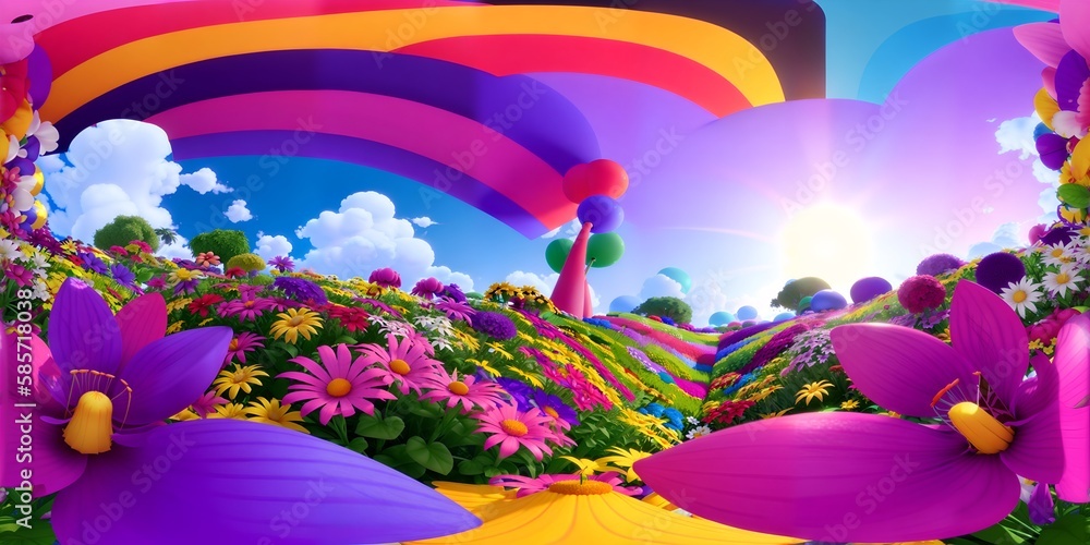 Photo of a vibrant painting of colorful flowers under a rainbow sky