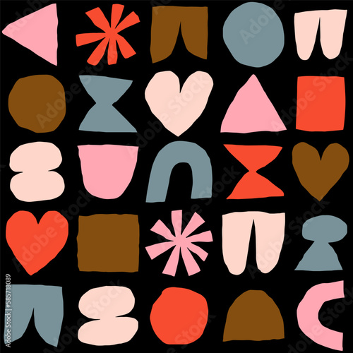 Vector pattern with different abstract shapes. Artistic texture with paper cut elements. Modern background with cutout circle, heart, square, triangle, and other abstract shapes