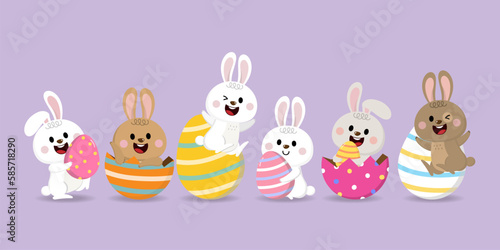 Easter holidays greeting card with cute bunny and eggs. Happy rabbit character set. Animal wildlife cartoon. -Vector.