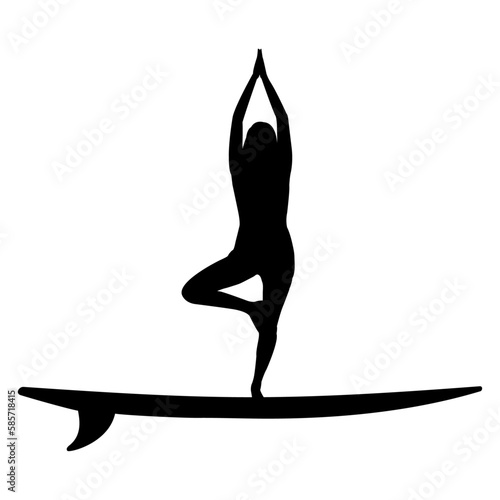 Logo sup yoga. Silueta aislada de mujer de pie en pose de yoga en tabla de paddle surf. Entrenamiento de yoga en el mar
