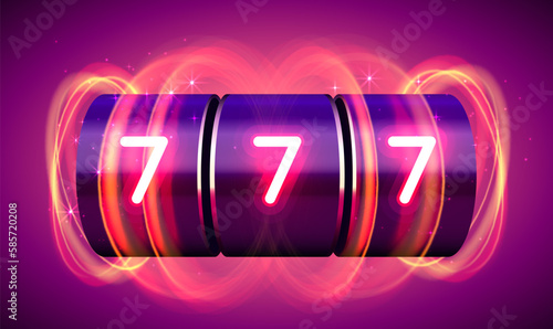 Neon slot machine coins wins the jackpot. 777 Big win casino concept. Vector illustration