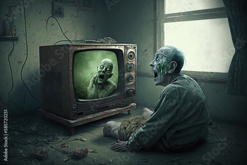 Zombie is watching TV. Beautiful illustration picture. Generative AI
