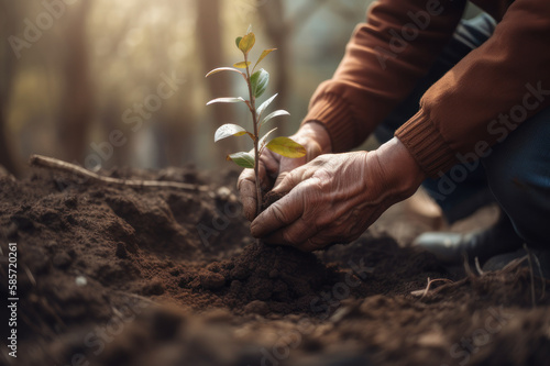 An elderly man is planting a tree. AI generative.