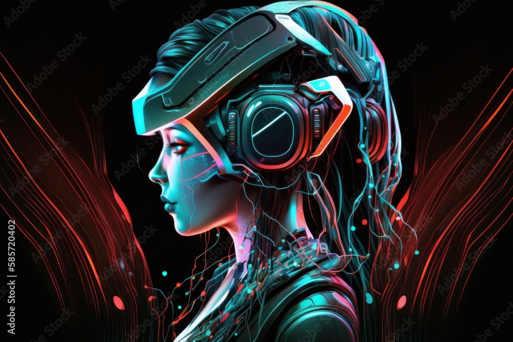 Abstract futuristic woman in virtual reality glasses. Beautiful illustration picture. Generative AI Abstract futuristic woman in virtual reality glasses. Beautiful illustration picture. Generative AI