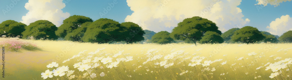Fototapeta premium Illustration of a colorful landscape with blooming flowers and tall trees created with Generative AI technology
