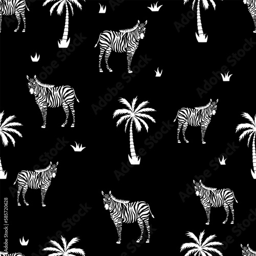 Zebra vector seamless texture on black background. Exotic seamless pattern with zebra and palm tree