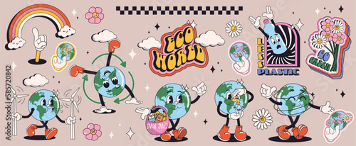 Set of vintage groovy characters and elements Save the planet concept for poster of sticker design. Retro character, hippie 70s style, walking Earth, save water, alternative energy. Retro vector set