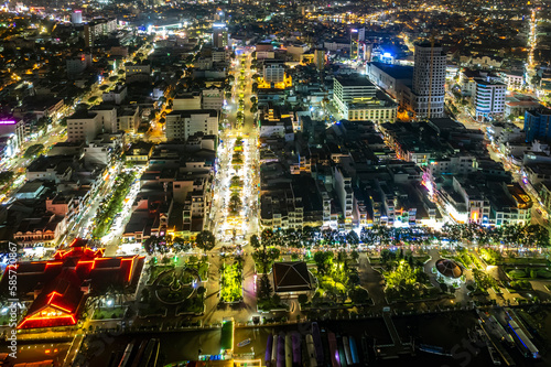Can Tho city  Can Tho  Vietnam at night  aerial view. This is a large city in Mekong Delta  developing infrastructure  population  and agricultural product trading center of Vietnam