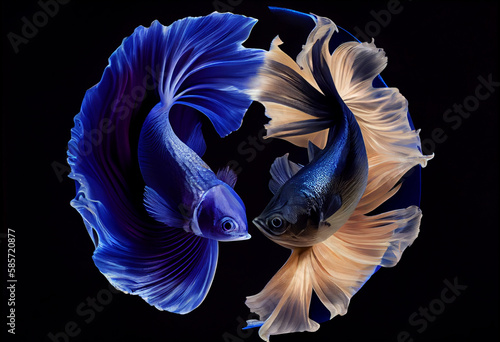 Two beautiful fish with magnificent long tails swim in a circle on a dark background. AI Generated
