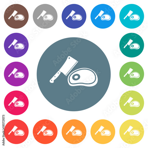 Meat cleaver knife and steak flat white icons on round color backgrounds