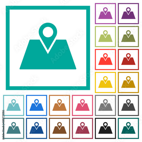 GPS route planning flat color icons with quadrant frames