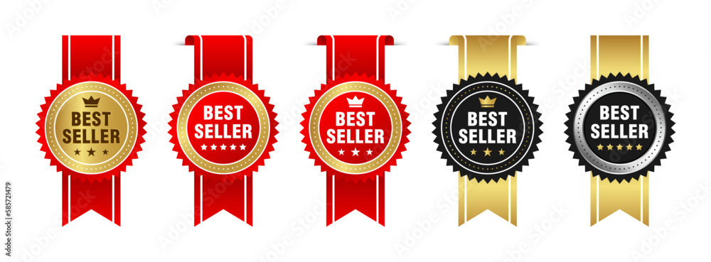 Best seller sticker label set with gold medal and red ribbon isolated fit  for mark best seller product, book cover label Stock Vector