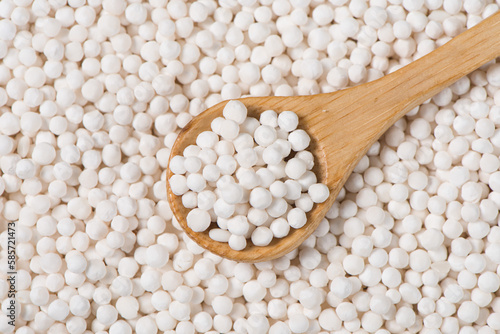 white sago pearls or sago balls in spoon background.