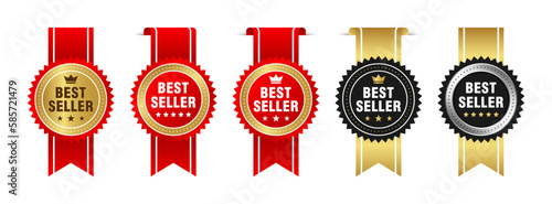 Best seller sticker label set with gold medal and red ribbon isolated fit for mark best seller product, book cover label photo